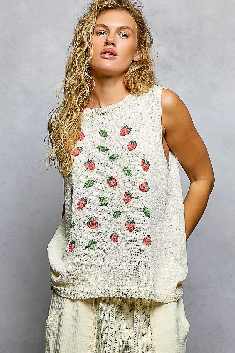 Strawberry Pattern Sleeveless Sweater Top-POL-Reef Love