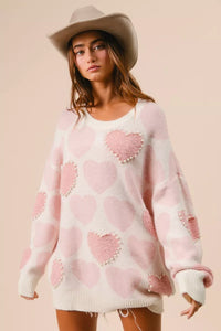 Heart Pattern Sweater with Pearl Detail-BiBi-Reef Love