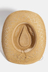 Woman wearing Turquoise & Shell Star Beads Strap Western Straw Hat-Western-style straw hat with turquoise and shell star beads. Lightweight, boho-chic, and perfect for festivals, beach days, or sunny adventures.