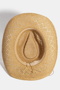 Woman wearing Turquoise & Shell Star Beads Strap Western Straw Hat-Western-style straw hat with turquoise and shell star beads. Lightweight, boho-chic, and perfect for festivals, beach days, or sunny adventures.