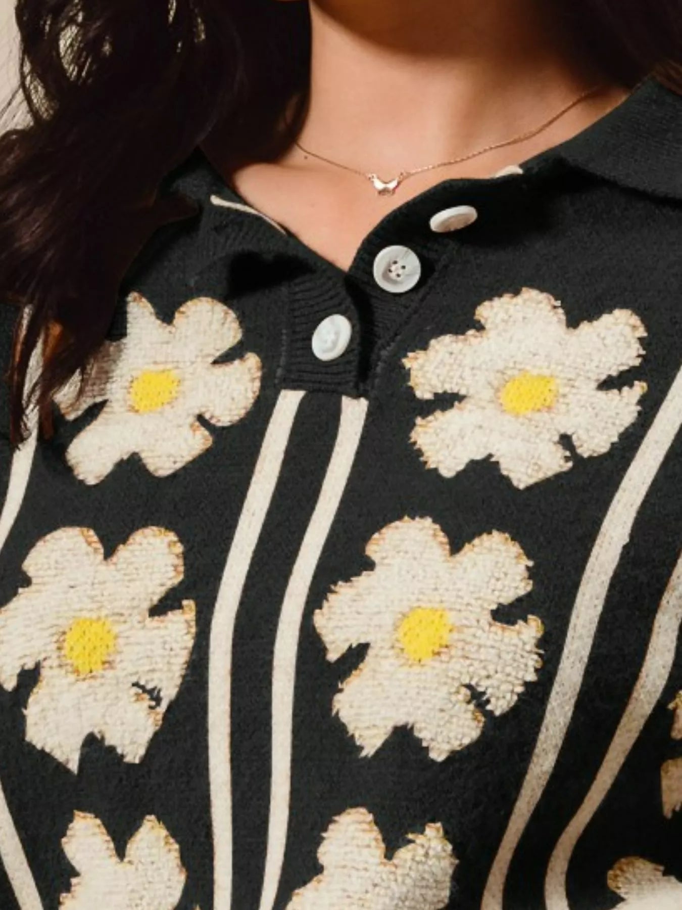 Floral Stripe Polo Collar Sweater, Black