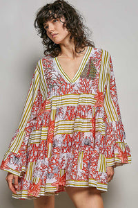 POL Striped Floral Long Sleeve Mini Dress with coral, starfish, and embellished detail.