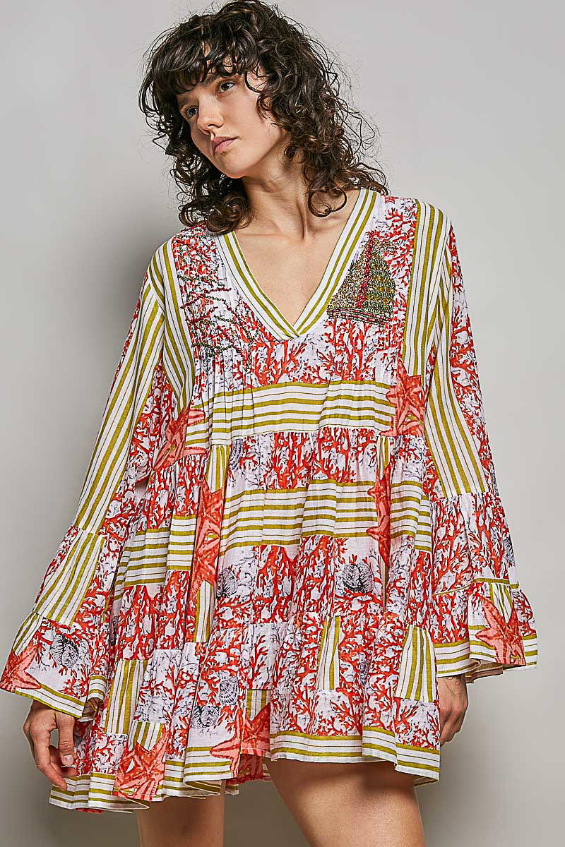 POL Striped Floral Long Sleeve Mini Dress with coral, starfish, and embellished detail.