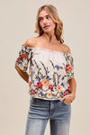 Floral Embroidered On Or Off The Shoulder Blouse-Floral embroidered blouse with on or off the shoulder styling. Feminine ruffles, colorful detailing, and soft rayon blend. A versatile wardrobe must-have.-Reef Love Boutique
