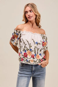 Floral Embroidered On Or Off The Shoulder Blouse-Floral embroidered blouse with on or off the shoulder styling. Feminine ruffles, colorful detailing, and soft rayon blend. A versatile wardrobe must-have.-Reef Love Boutique