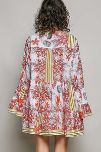 POL Striped Floral Long Sleeve Mini Dress with coral and starfish print, tiered silhouette, and ruffle cuffs.