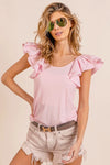 Shop Wide Layered Ruffle Sleeve Scoop Neck Ribbed Top-Stay cute and comfortable in our Pink Ruffle Cap Sleeve T-Shirt. Soft stretch fabric, romantic ruffle sleeves, and a flattering fit make it a must-have essential-Reef Love Boho-Chic Boutique