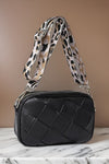 Woven light brown faux leather crossbody women’s bag with removable fabric strap with animal print