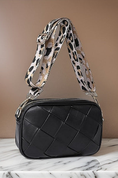 Woven light brown faux leather crossbody women’s bag with removable fabric strap with animal print