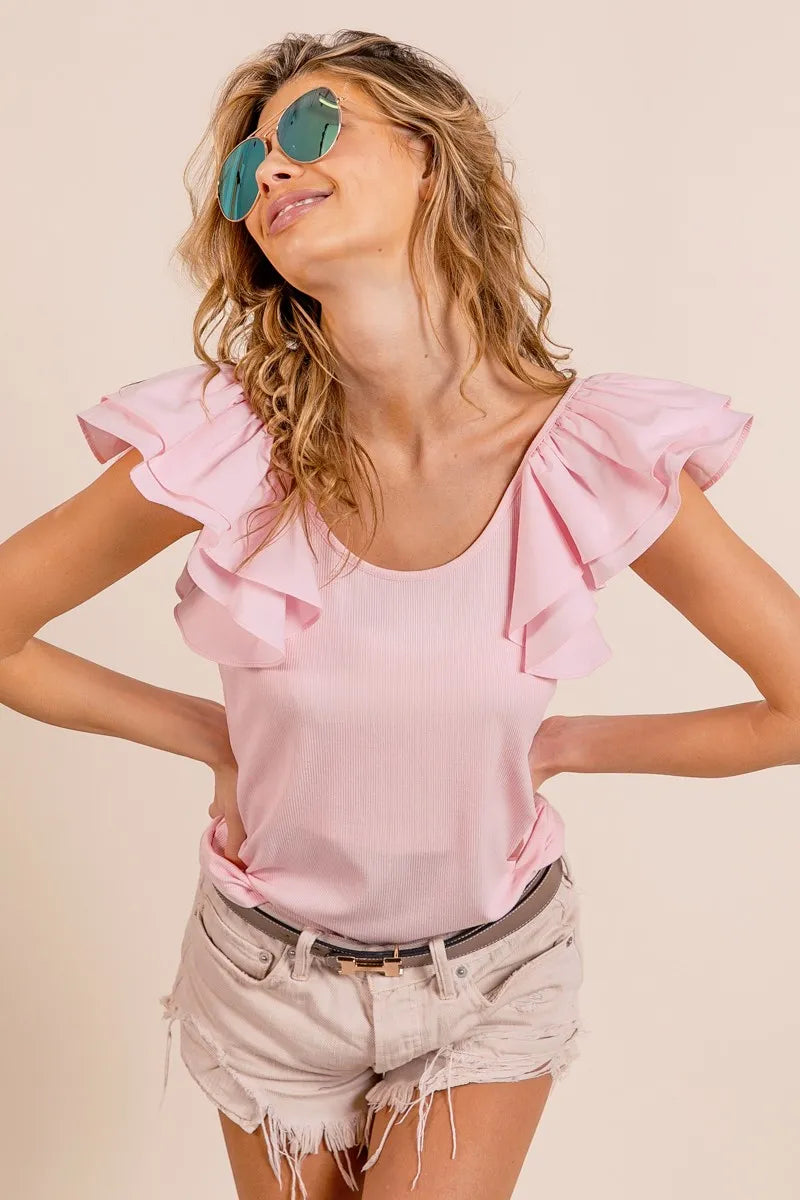 Shop Wide Layered Ruffle Sleeve Scoop Neck Ribbed Top-Stay cute and comfortable in our Pink Ruffle Cap Sleeve T-Shirt. Soft stretch fabric, romantic ruffle sleeves, and a flattering fit make it a must-have essential-Reef Love Boho-Chic Boutique