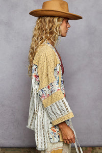 Shop POL Raw Edge Open Front Patchwork Cardigan with Floral Trim-available at Reef Love online boho-chic boutique