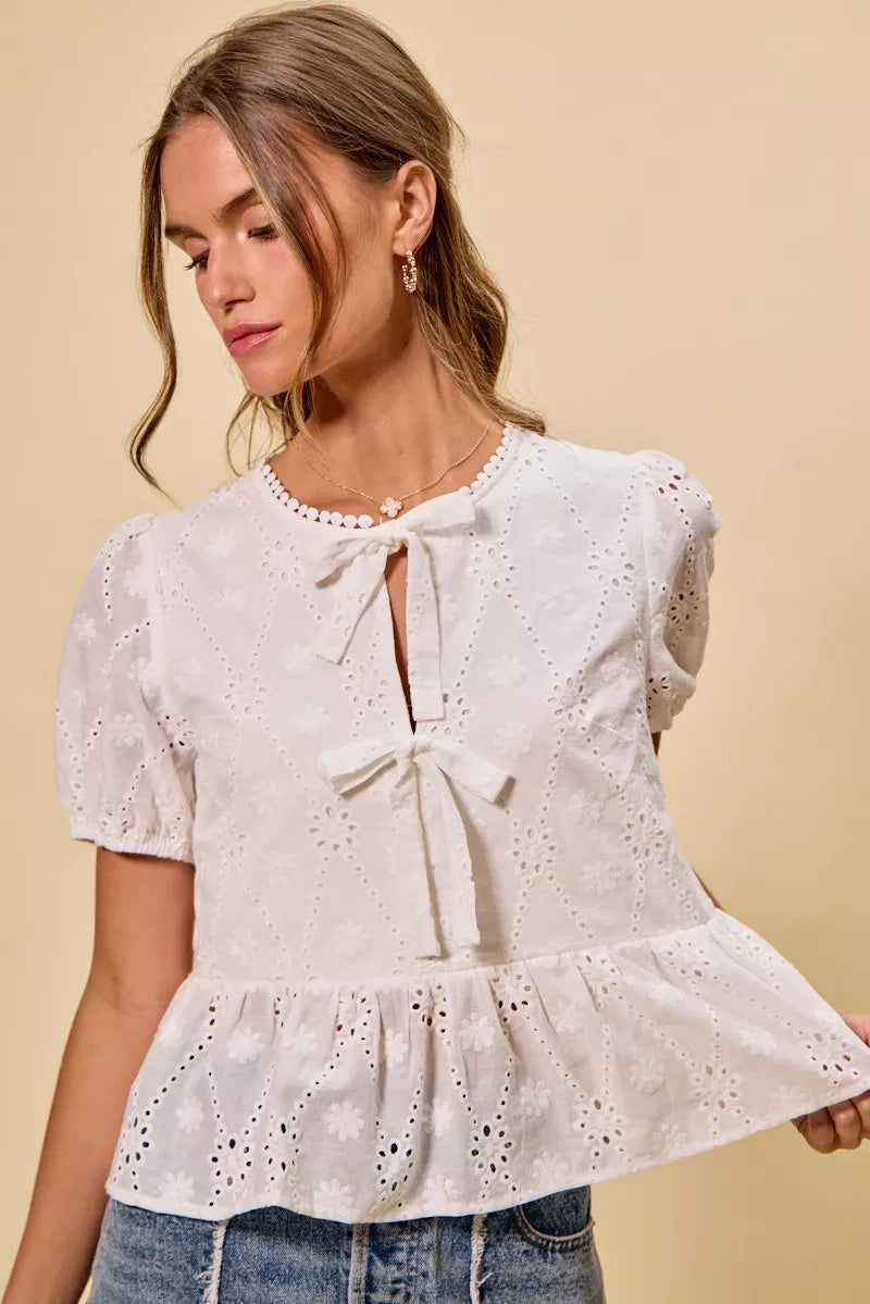 White Cotton Sunlit Eyelet Front-Tie Blouse-Reef Love