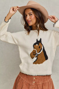 Horse Knit Sweater Top with Blanket Stitch-Sweater-Reef Love