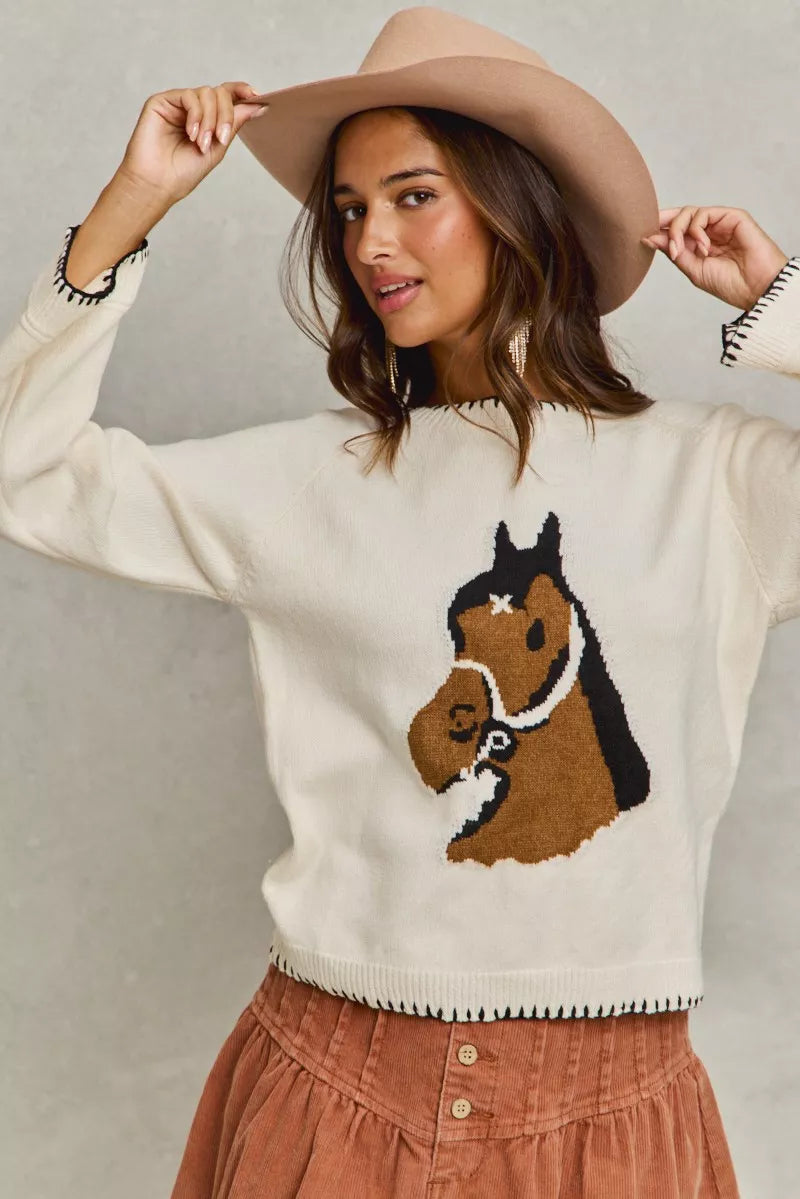 Horse Knit Sweater Top with Blanket Stitch-Sweater-Reef Love