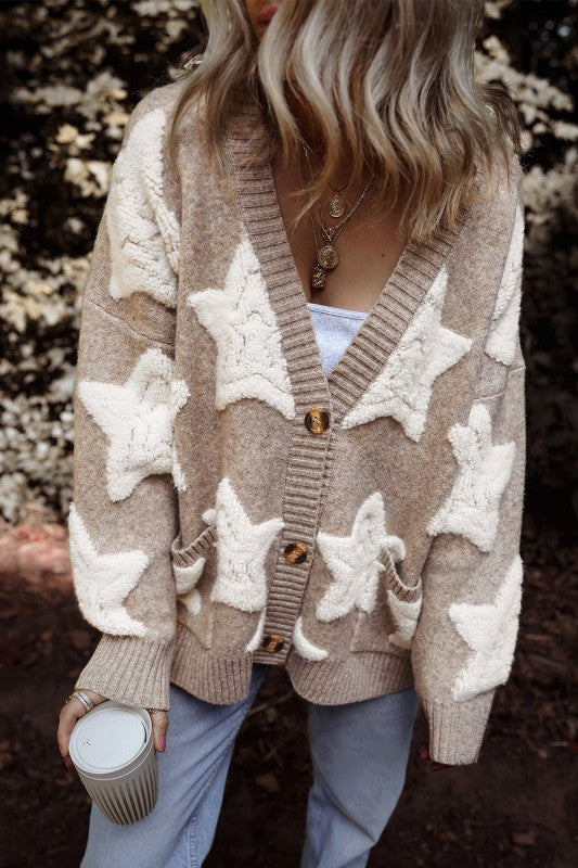 Star Sherpa Textured Sweater Cardigan-JUNIPER BLVD-Reef Love