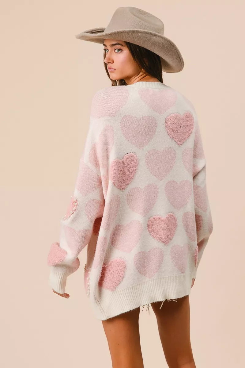Heart Pattern Sweater with Pearl Detail-BiBi-Reef Love