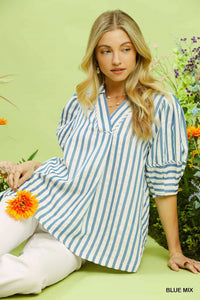 Chic blue mix striped puff sleeve blouse with a V-neck and wide collar, perfect for effortless everyday style.