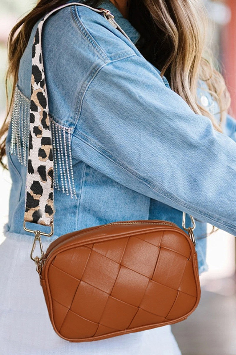 Woven light brown faux leather crossbody women’s bag with removable fabric strap with animal print