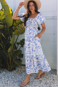 Floral Square Neck Bubble Sleeve Maxi Dress-Maxi Dress-Reef Love