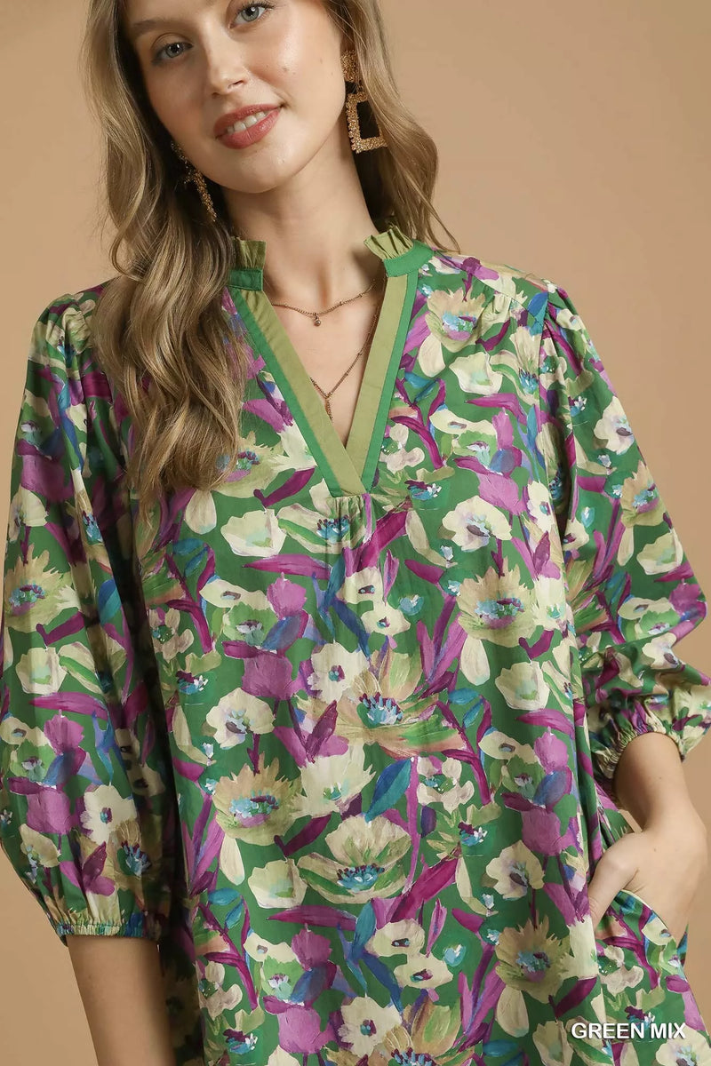 Boho Floral Balloon Sleeve Mini Dress