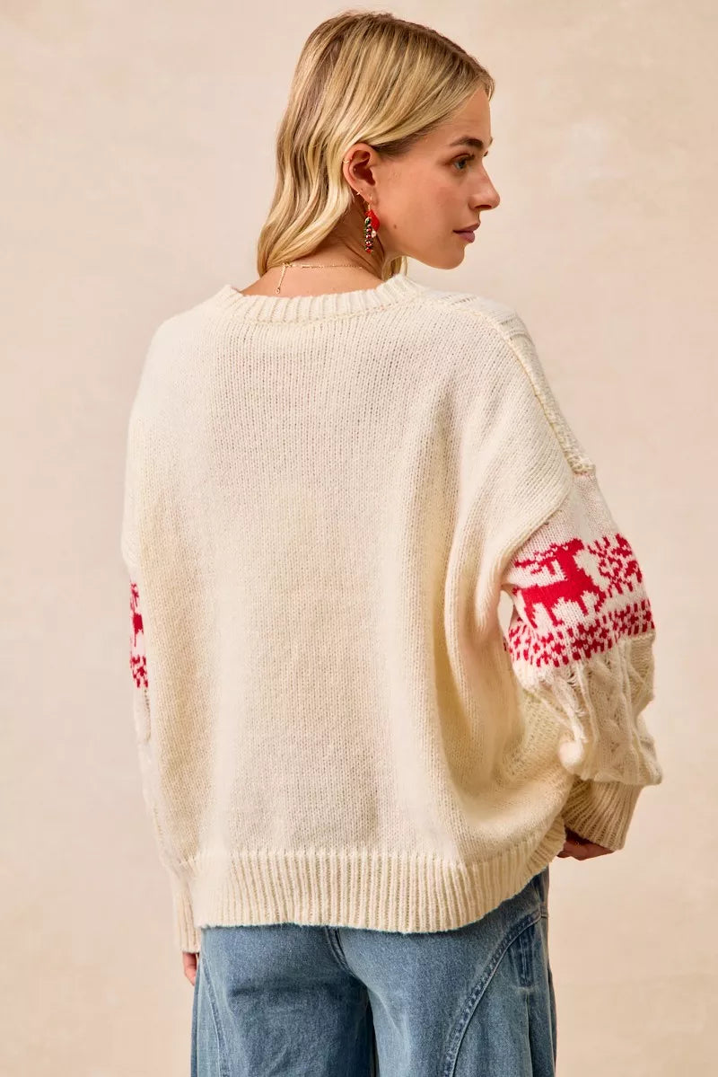 Christmas Theme Patterned Cable Knit Sweater