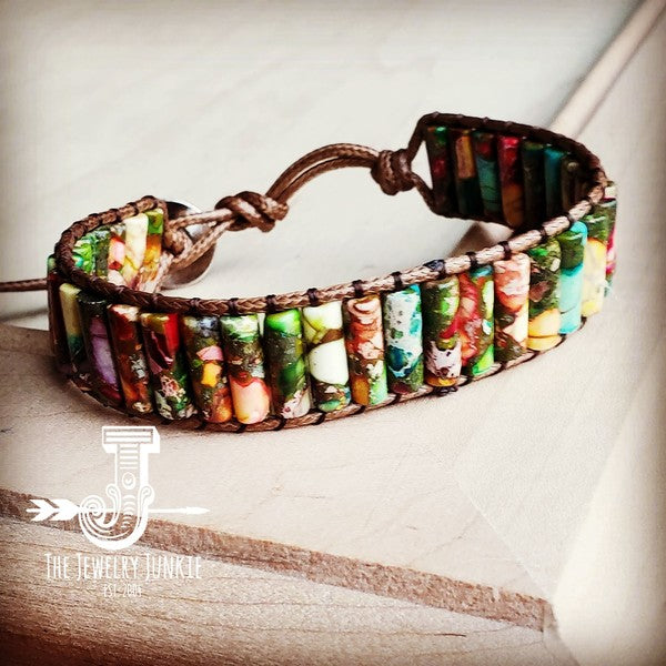 Woven Regalite Stacked Stone Bracelet - Multi 803s-Cuff Bracelet-Reef Love