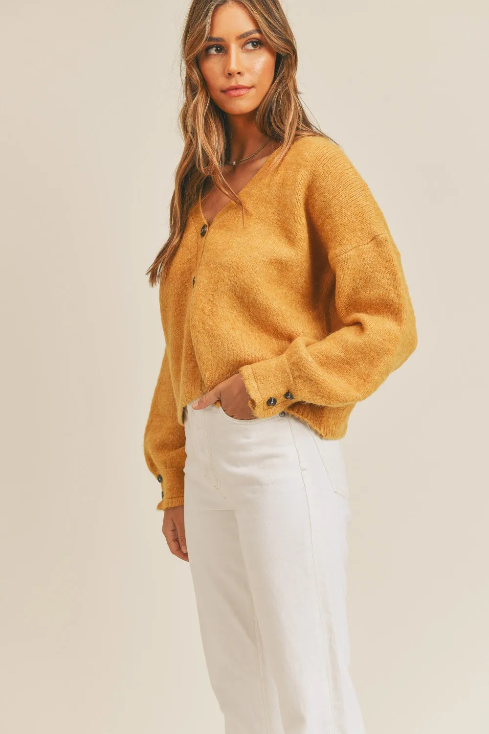 MABLE Long Sleeve Button Down Sweater Cardigan, Mustard-Mable-Reef Love