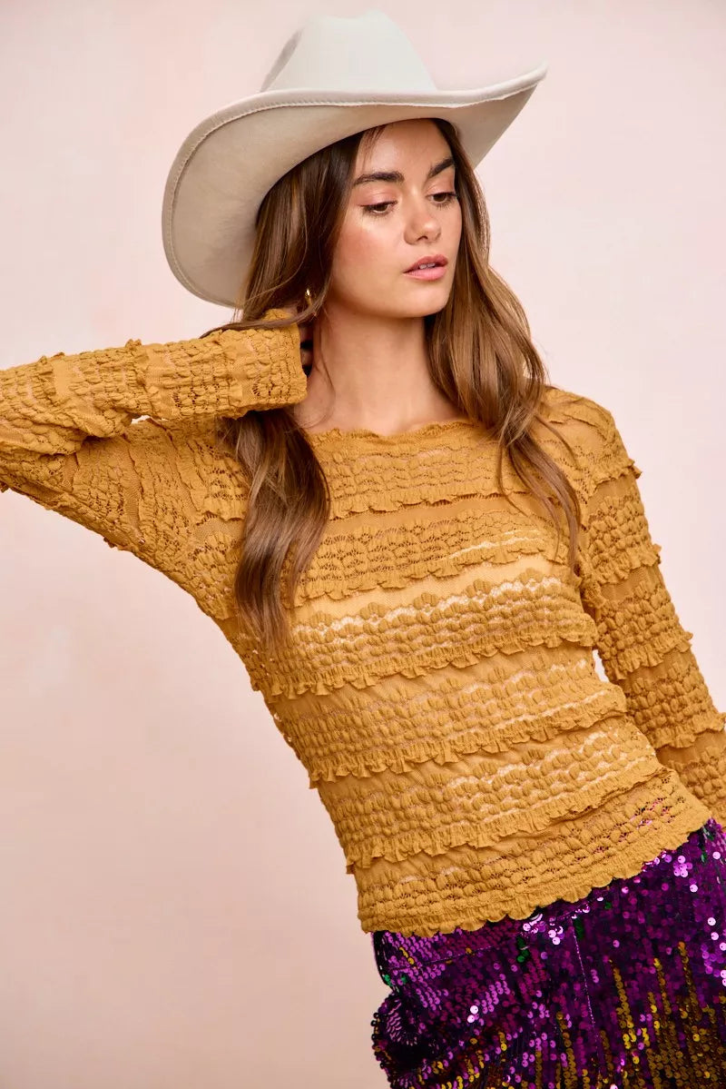 Ruffle Detail Mardi Gras Flower Lace Top, Mustard Gold-BiBi-Reef Love