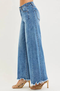 RISEN High Rise Raw Hem Ankle Wide Jeans, Medium Wash-RISEN-Reef Love