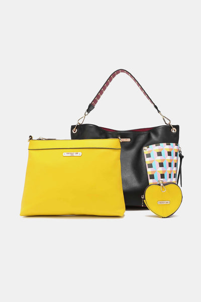 Women’s Three piece handbag set includes a Large Shoulder Bag, a Solid Bag, and a charming Heart Coin Pouch.