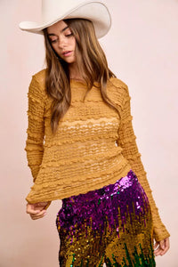 Ruffle Detail Mardi Gras Flower Lace Top, Mustard Gold-BiBi-Reef Love