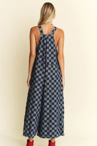 Checkerboard Denim Jumpsuit Wide-Leg Cotton Overalls-Jumpsuit-Reef Love