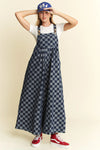 Checkerboard Denim Jumpsuit Wide-Leg Cotton Overalls-Jumpsuit-Reef Love