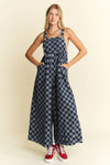 Checkerboard Denim Jumpsuit Wide-Leg Cotton Overalls-Jumpsuit-Reef Love