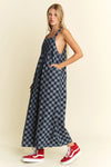 Checkerboard Denim Jumpsuit Wide-Leg Cotton Overalls-Jumpsuit-Reef Love
