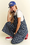 Checkerboard Denim Jumpsuit Wide-Leg Cotton Overalls-Jumpsuit-Reef Love