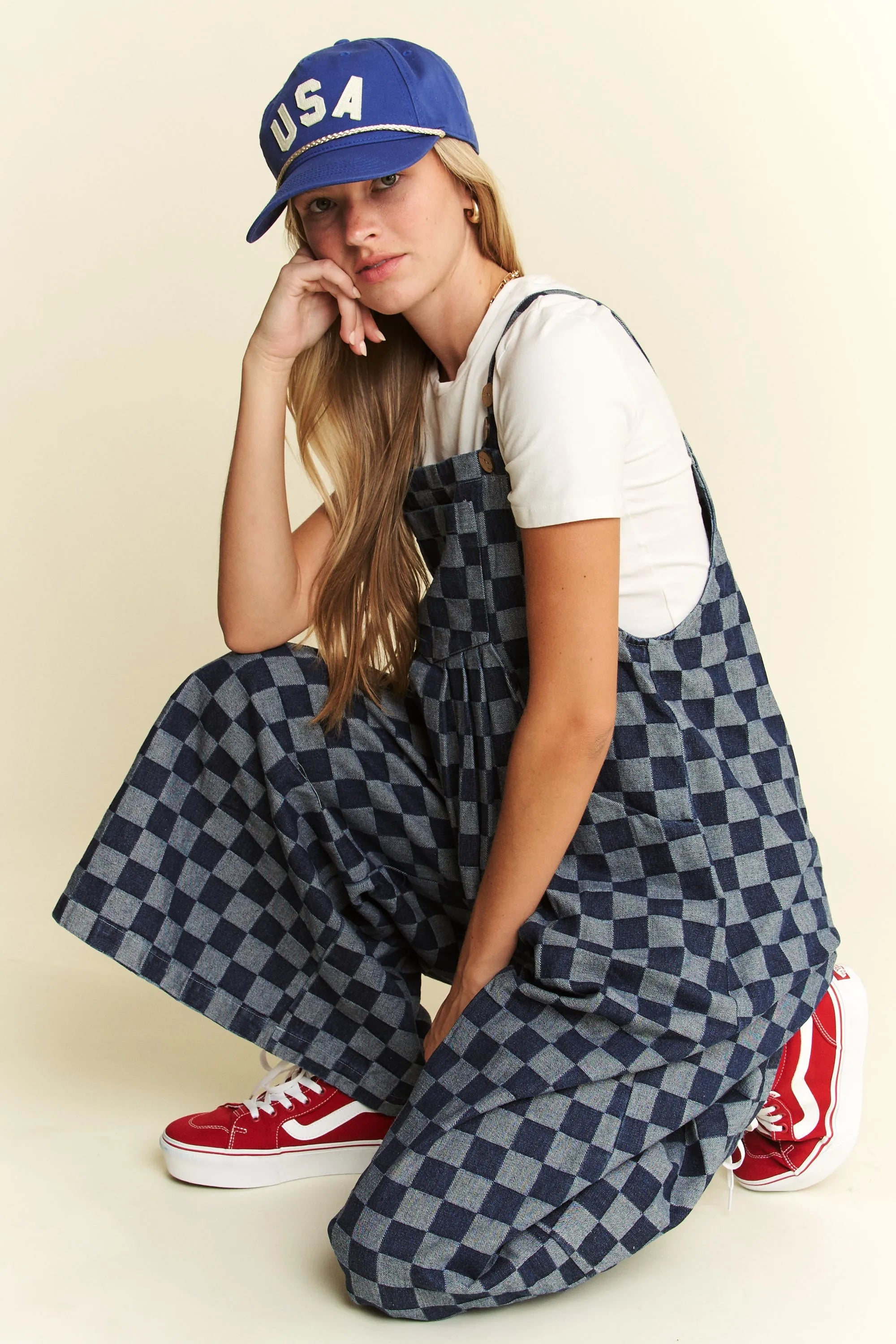 Checkerboard Denim Jumpsuit Wide-Leg Cotton Overalls-Jumpsuit-Reef Love