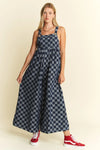 Checkerboard Denim Jumpsuit Wide-Leg Cotton Overalls-Jumpsuit-Reef Love