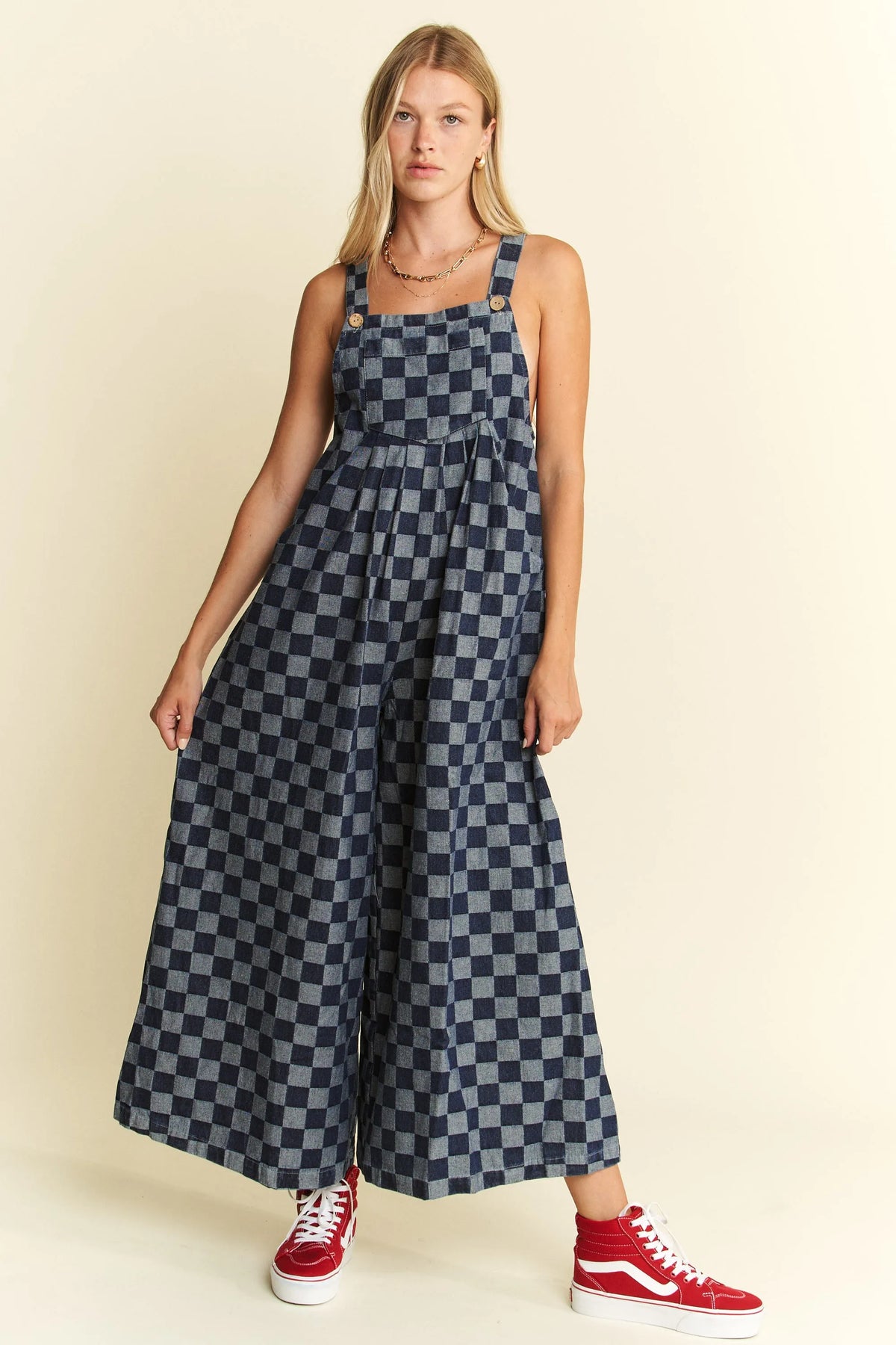 Checkerboard Denim Jumpsuit Wide-Leg Cotton Overalls-Jumpsuit-Reef Love