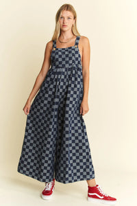 Checkerboard Denim Jumpsuit Wide-Leg Cotton Overalls-Jumpsuit-Reef Love
