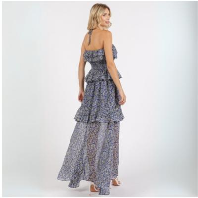 Cove Blue Ruffled Smocked Floral Halter Neck Maxi Dress-The Cove Ruffled Smocked Floral Halter Neck Maxi Dress - Romantic, breezy, and effortlessly elegant. Featuring a halter neckline adorned with soft ruffles.-Reef Love Boho-Chic Boutique