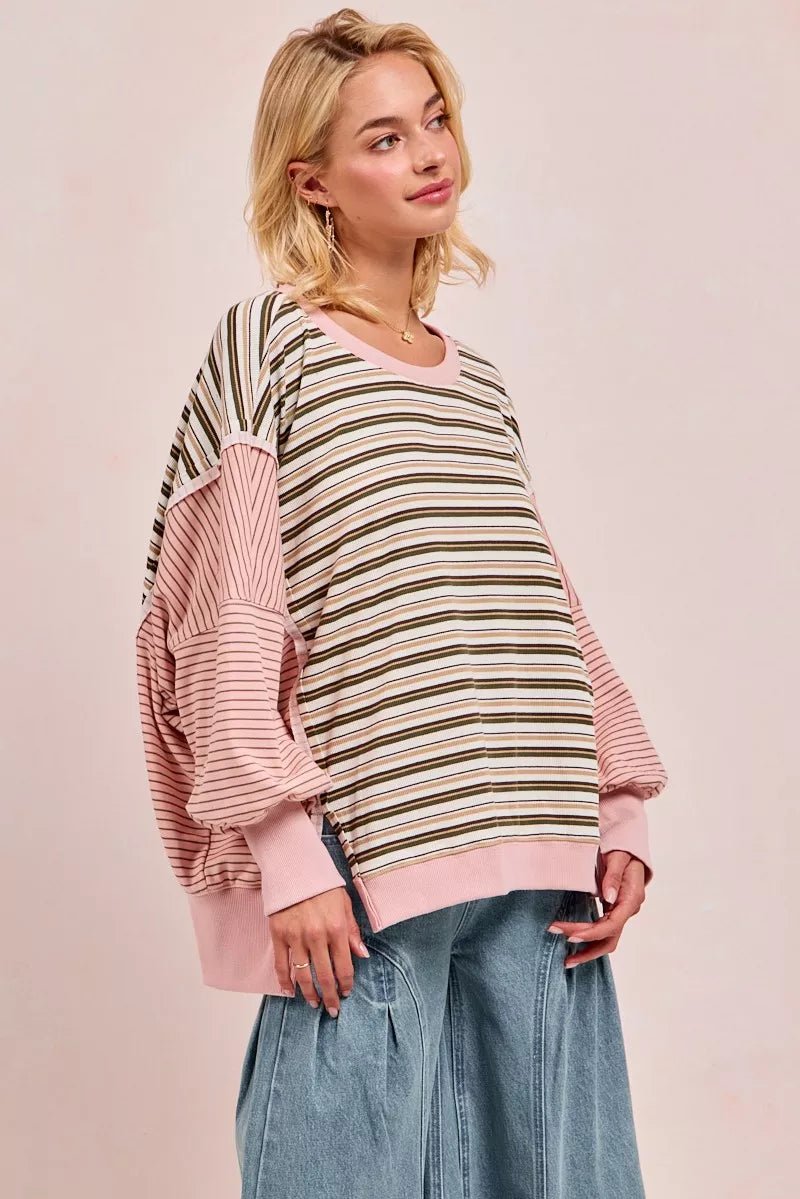 Stripe Mixed Top With Cut Edge And Reverse Outseam