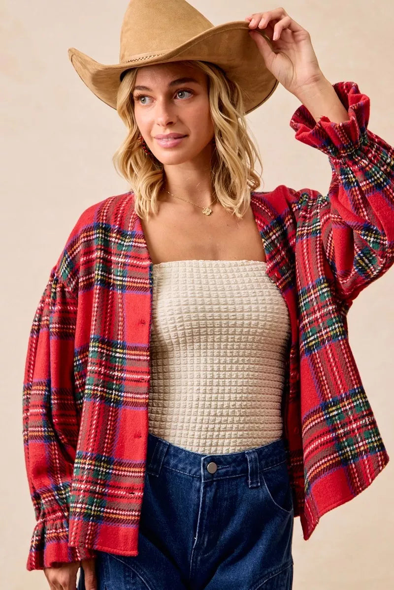Christmas Plaid V-Neck Flounce Sleeve Jacket