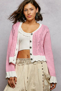 Pink Button Down Cable-Knit Cardigan-POL-Reef Love