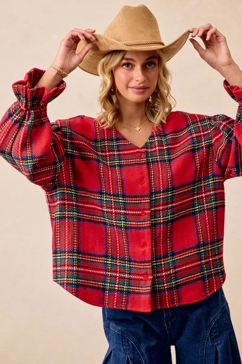 Christmas Plaid V-Neck Flounce Sleeve Jacket