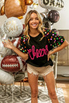 Shop BiBi Metallic Letter Spangle Raglan Puff Sleeve Top-available at Reef Love online boho-chic boutique