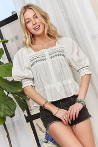Smocked Puff Sleeve Peasant Blouse-Reef Love