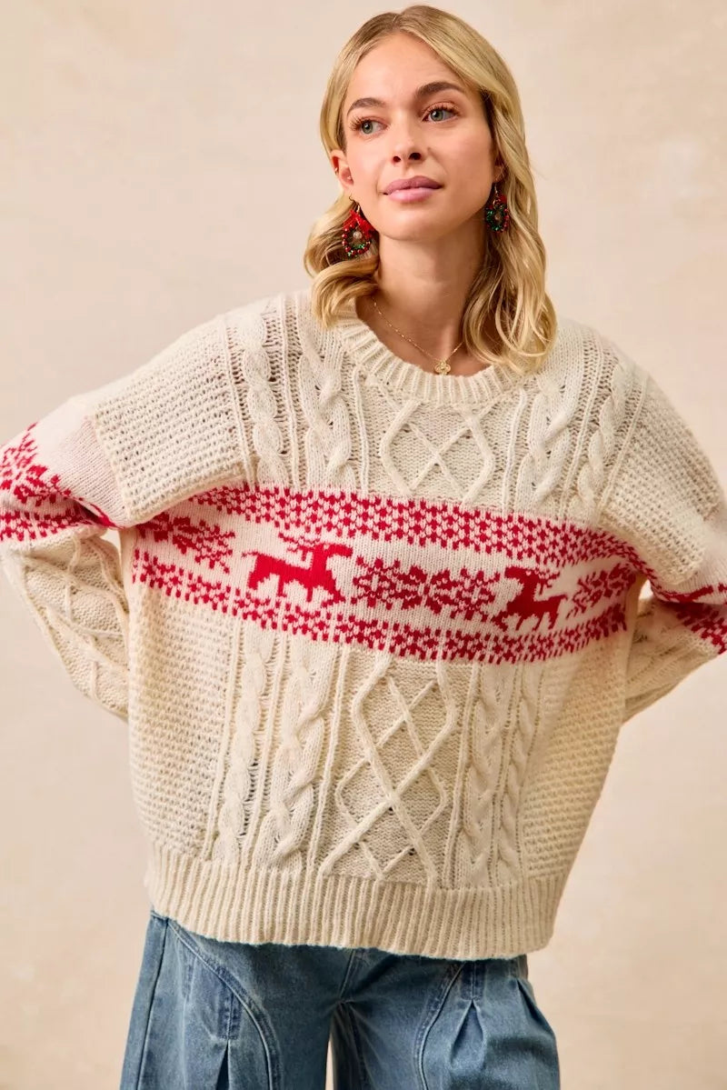 Christmas Theme Patterned Cable Knit Sweater