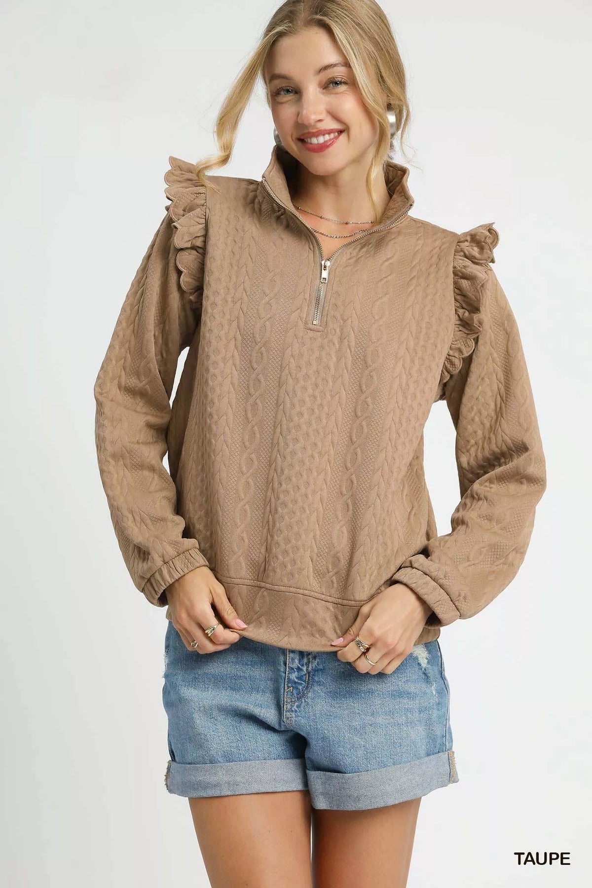 Cable Knit Textured Pullover with Ruffle Shoulders, Taupe-Reef Love