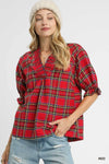Festive Plaid V-Neck Blouse